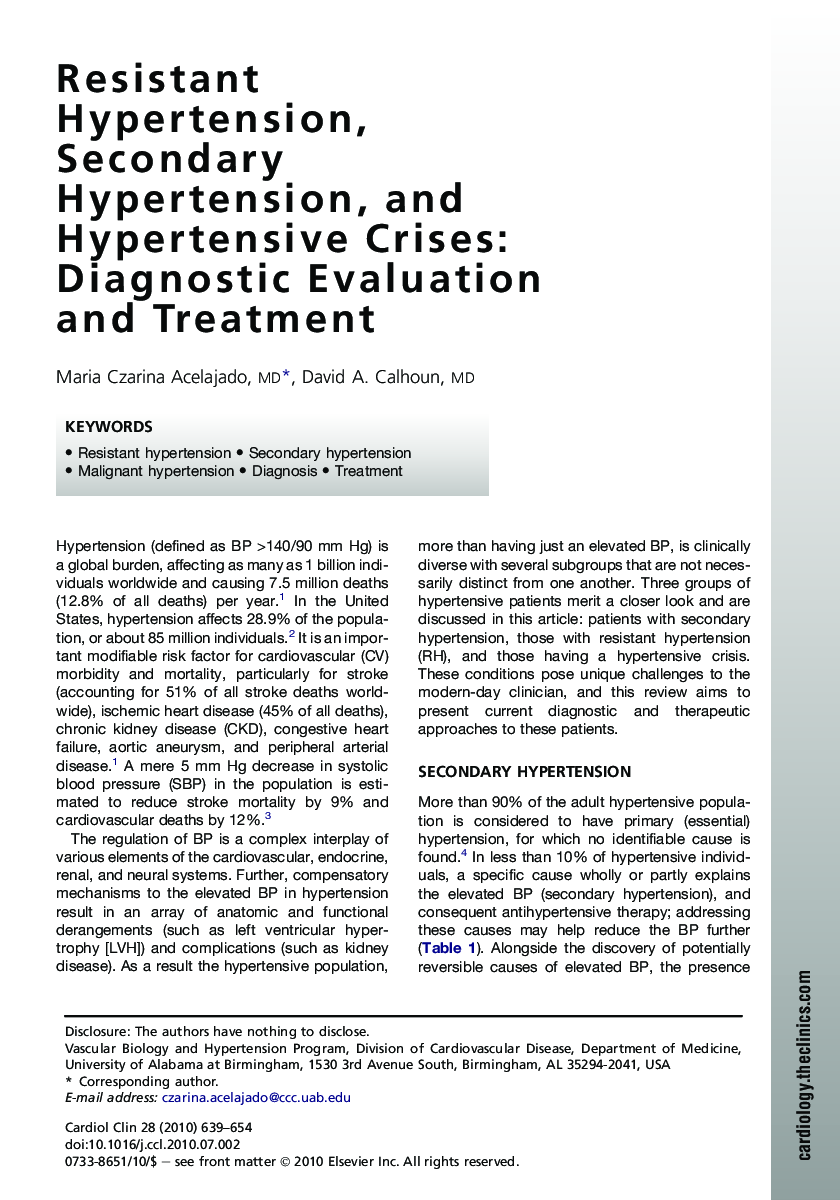 Resistant Hypertension, Secondary Hypertension, and Hypertensive Crises: Diagnostic Evaluation and Treatment