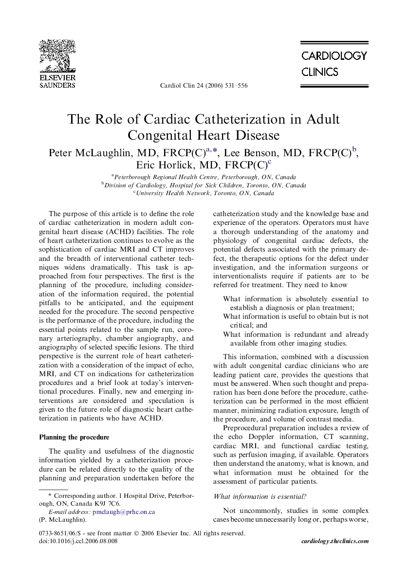 The Role of Cardiac Catheterization in Adult Congenital Heart Disease