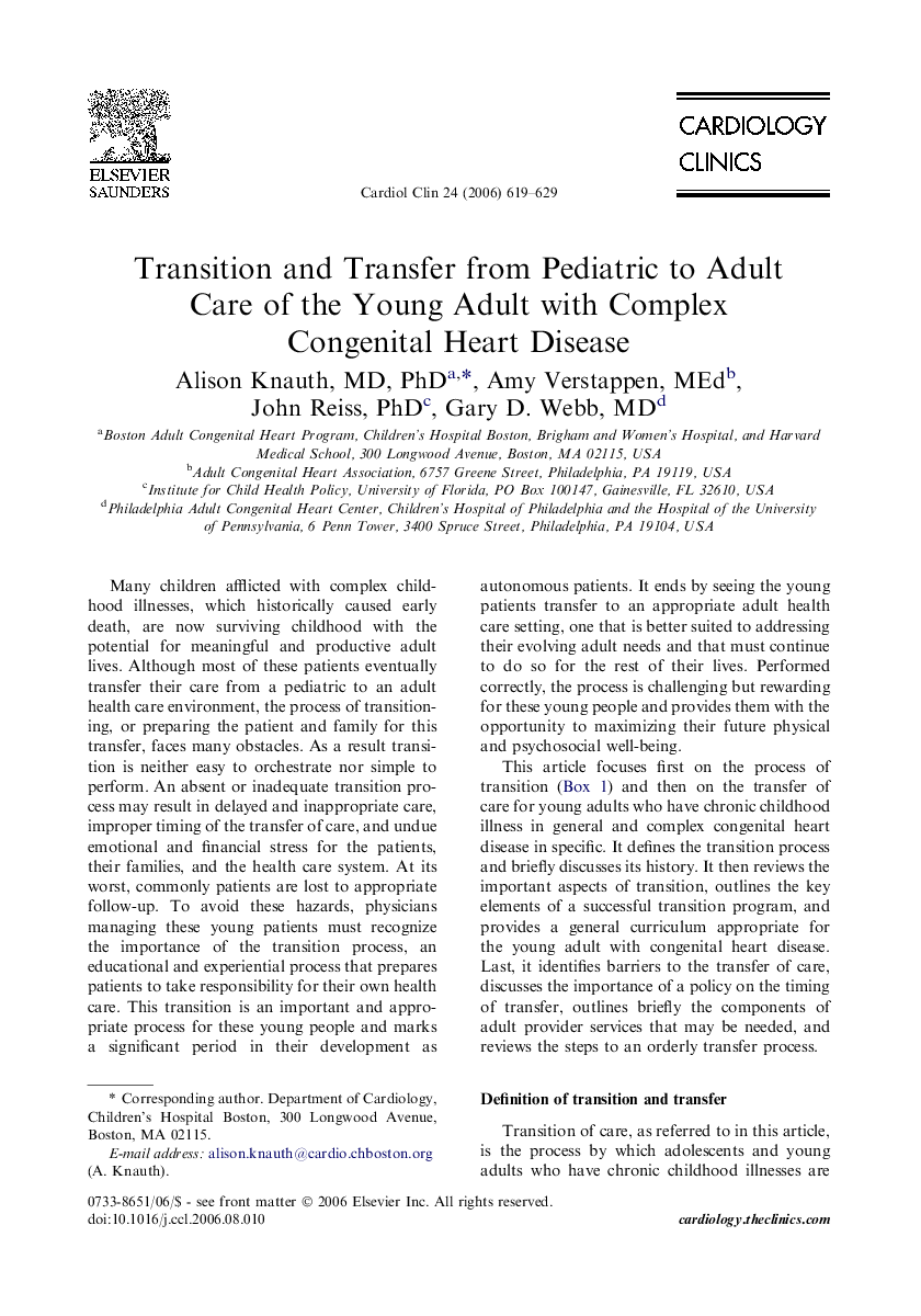 Transition and Transfer from Pediatric to Adult Care of the Young Adult with Complex Congenital Heart Disease