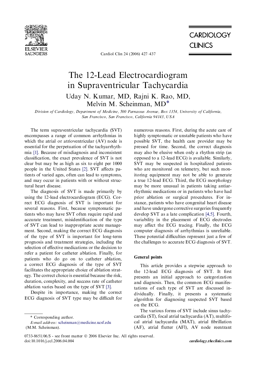 The 12-Lead Electrocardiogram in Supraventricular Tachycardia