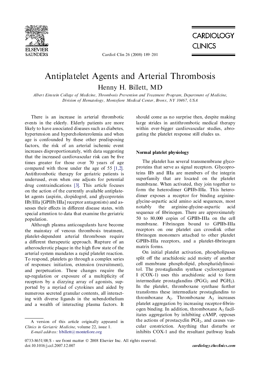 Antiplatelet Agents and Arterial Thrombosis 