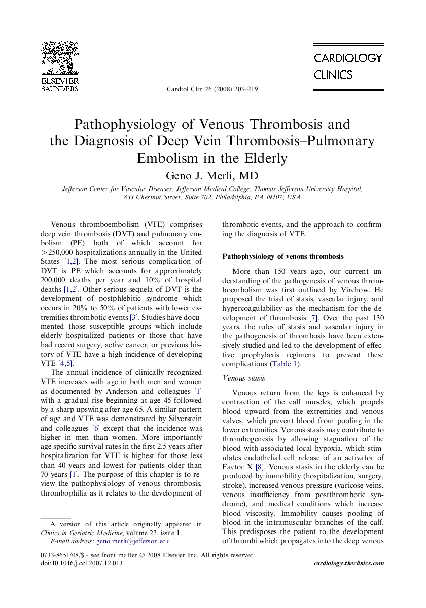 Pathophysiology of Venous Thrombosis and the Diagnosis of Deep Vein Thrombosis–Pulmonary Embolism in the Elderly 