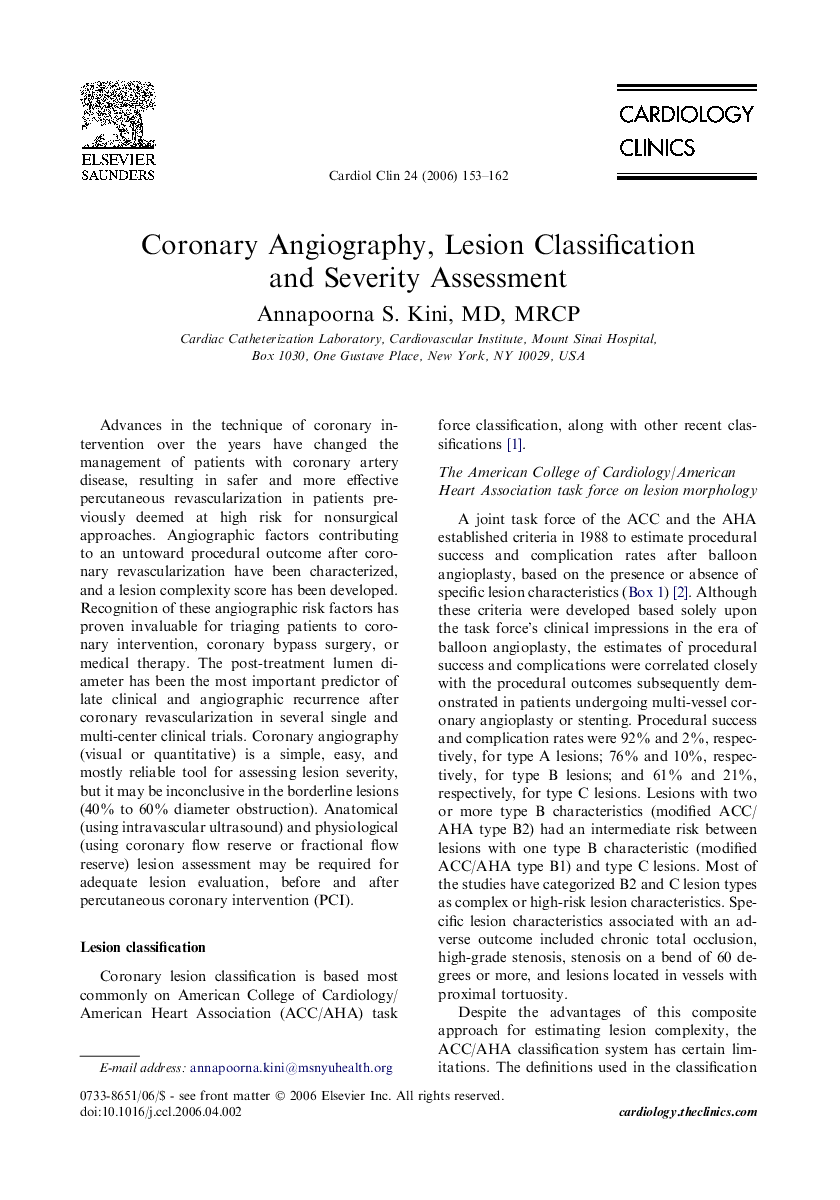 Coronary Angiography, Lesion Classification and Severity Assessment