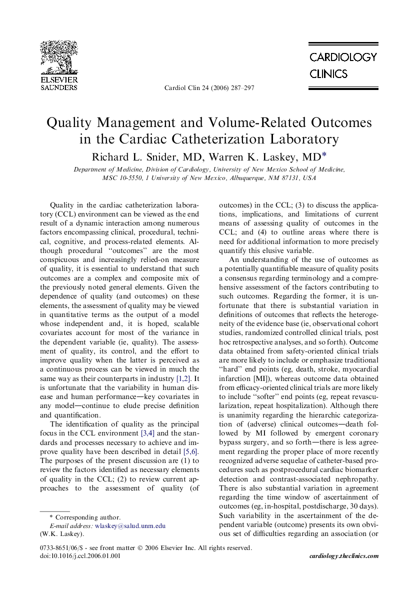 Quality Management and Volume-Related Outcomes in the Cardiac Catheterization Laboratory