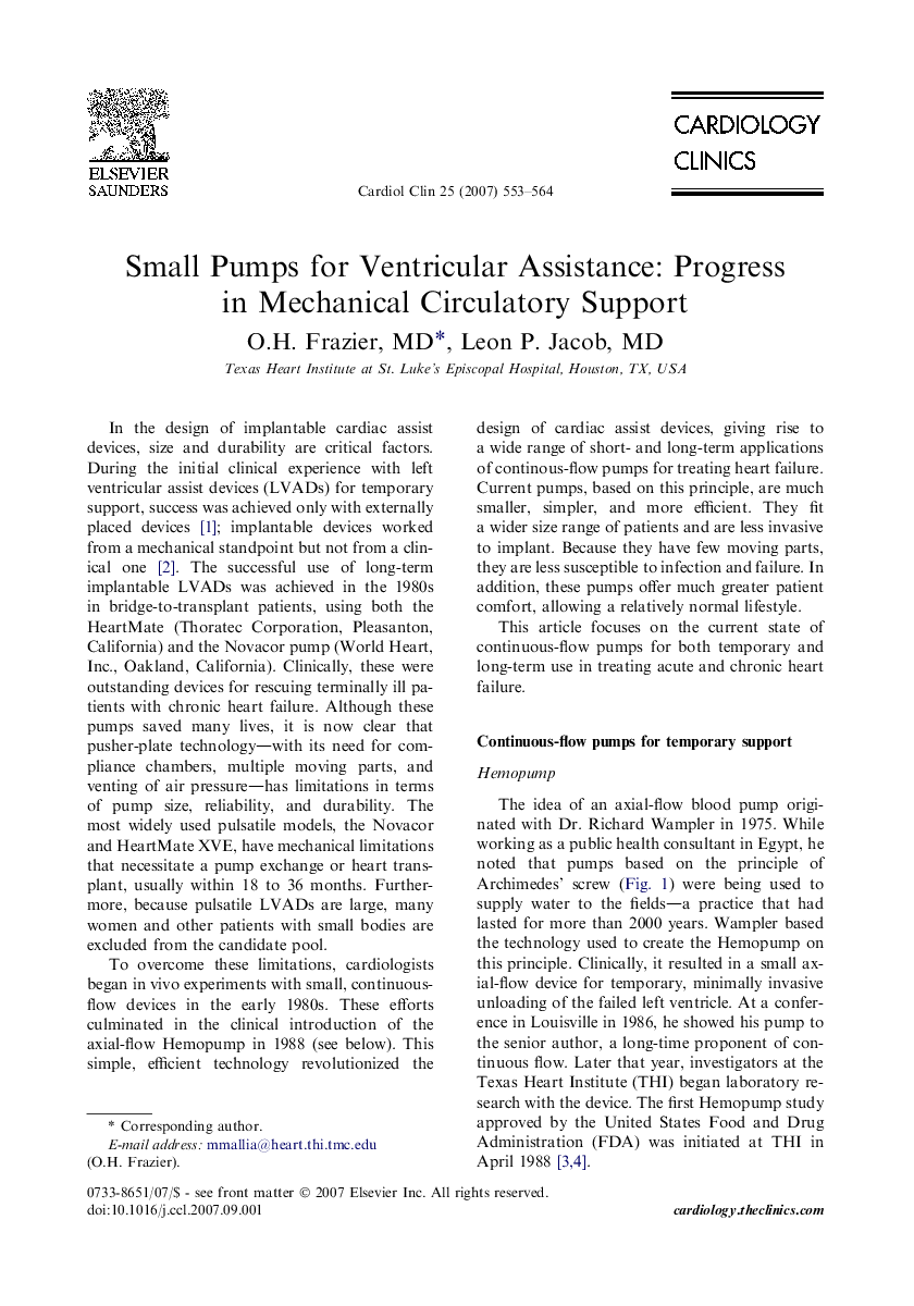 Small Pumps for Ventricular Assistance: Progress in Mechanical Circulatory Support