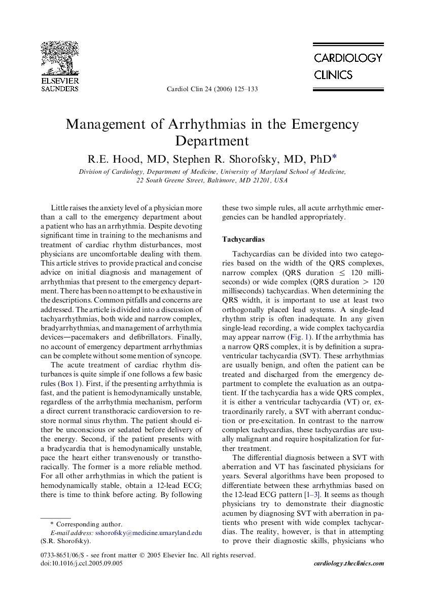 Management of Arrhythmias in the Emergency Department