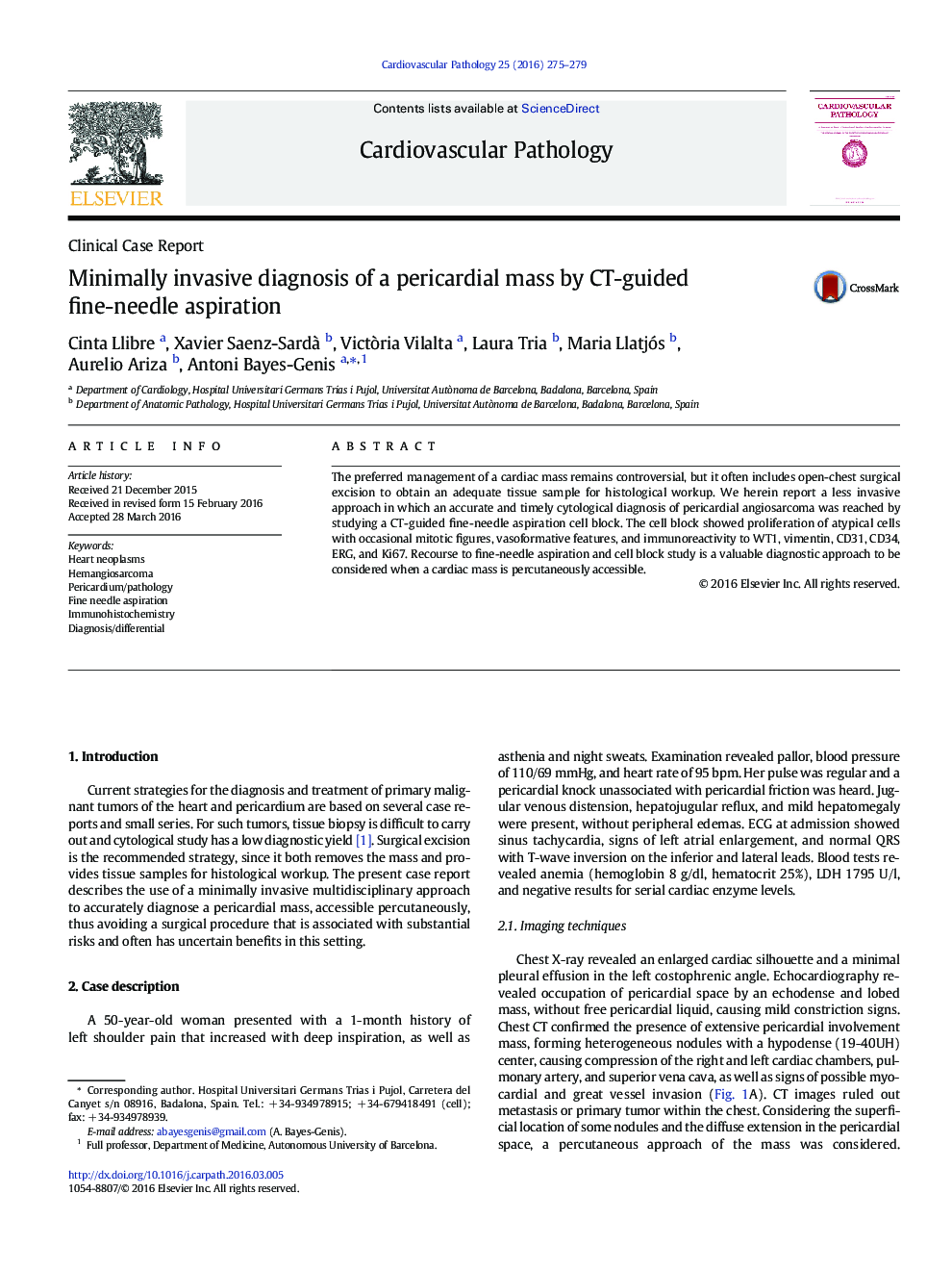 Minimally invasive diagnosis of a pericardial mass by CT-guided fine-needle aspiration