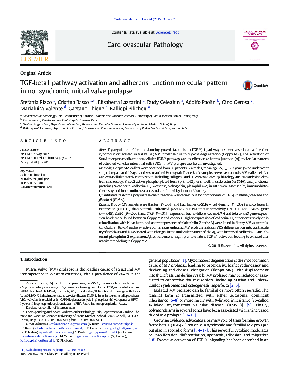 TGF-beta1 pathway activation and adherens junction molecular pattern in nonsyndromic mitral valve prolapse 