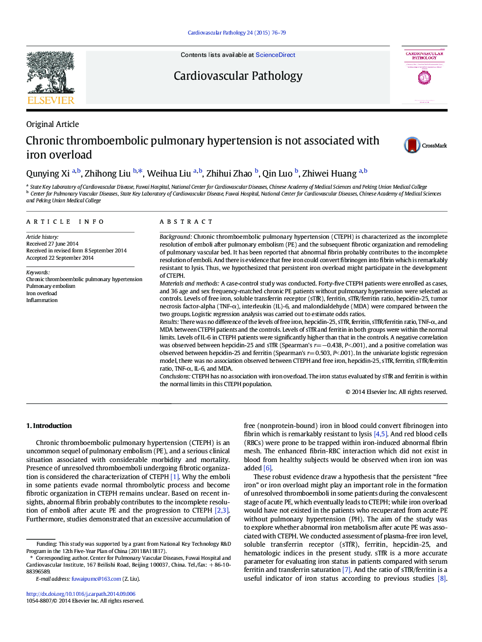 Chronic thromboembolic pulmonary hypertension is not associated with iron overload 