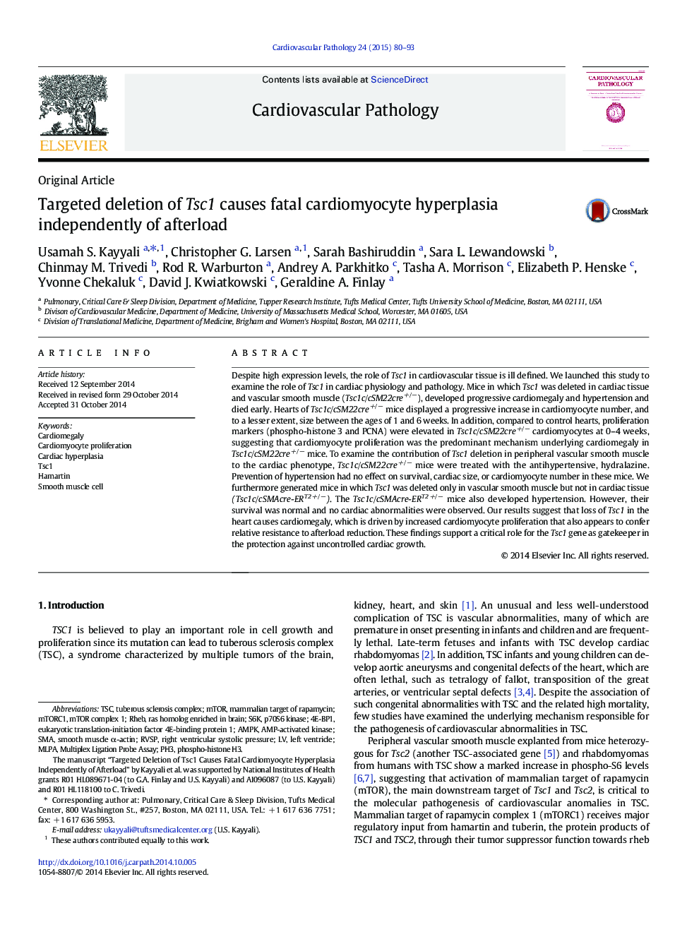 Targeted deletion of Tsc1 causes fatal cardiomyocyte hyperplasia independently of afterload 