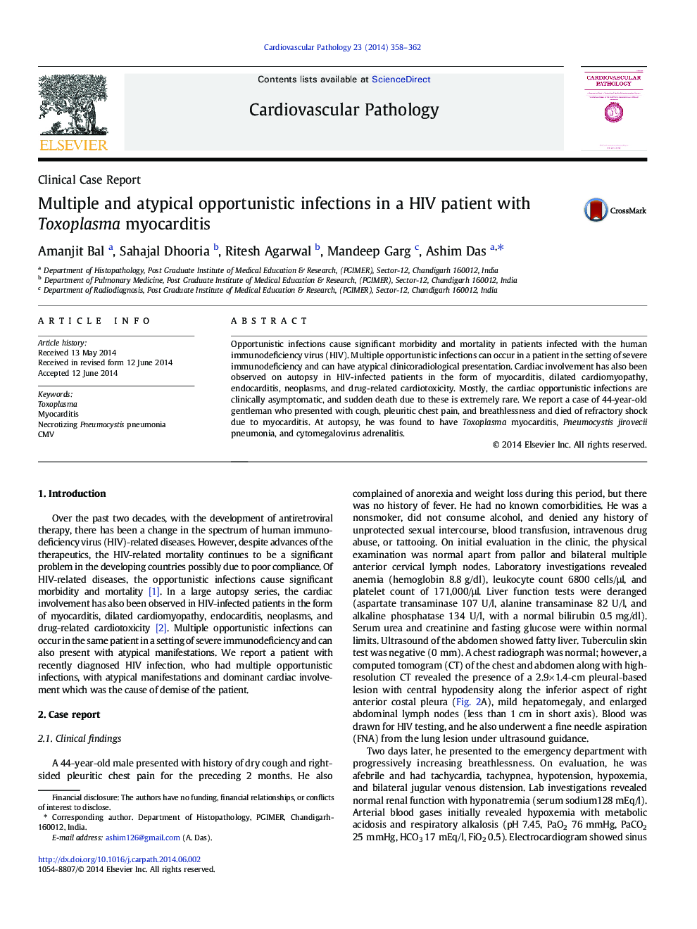 Multiple and atypical opportunistic infections in a HIV patient with Toxoplasma myocarditis 