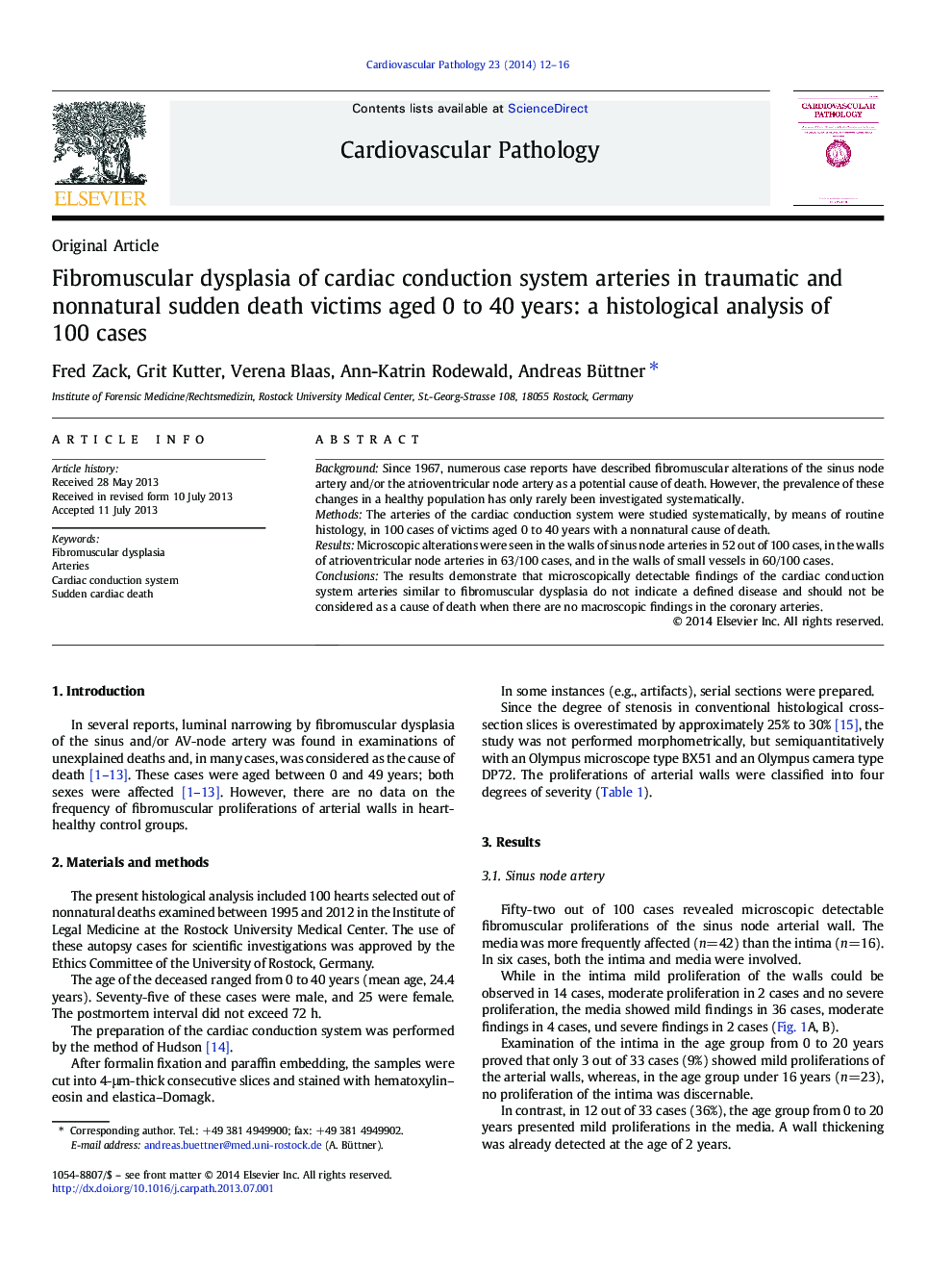 Fibromuscular dysplasia of cardiac conduction system arteries in traumatic and nonnatural sudden death victims aged 0 to 40 years: a histological analysis of 100 cases