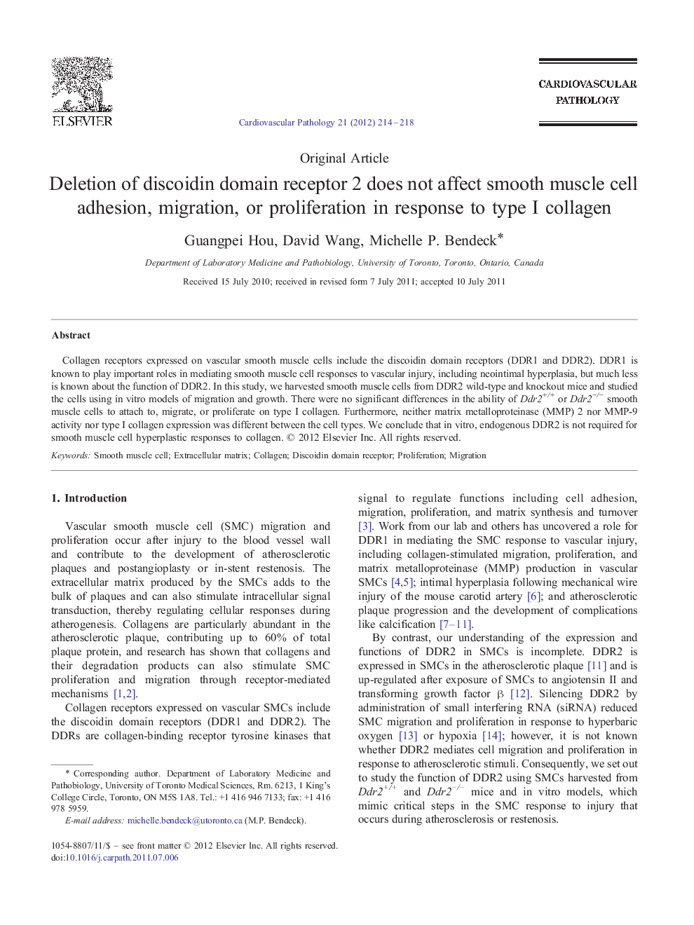 Deletion of discoidin domain receptor 2 does not affect smooth muscle cell adhesion, migration, or proliferation in response to type I collagen