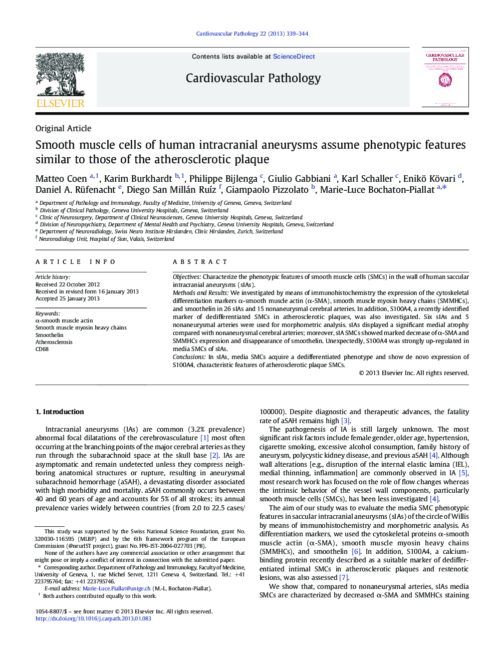 Smooth muscle cells of human intracranial aneurysms assume phenotypic features similar to those of the atherosclerotic plaque 