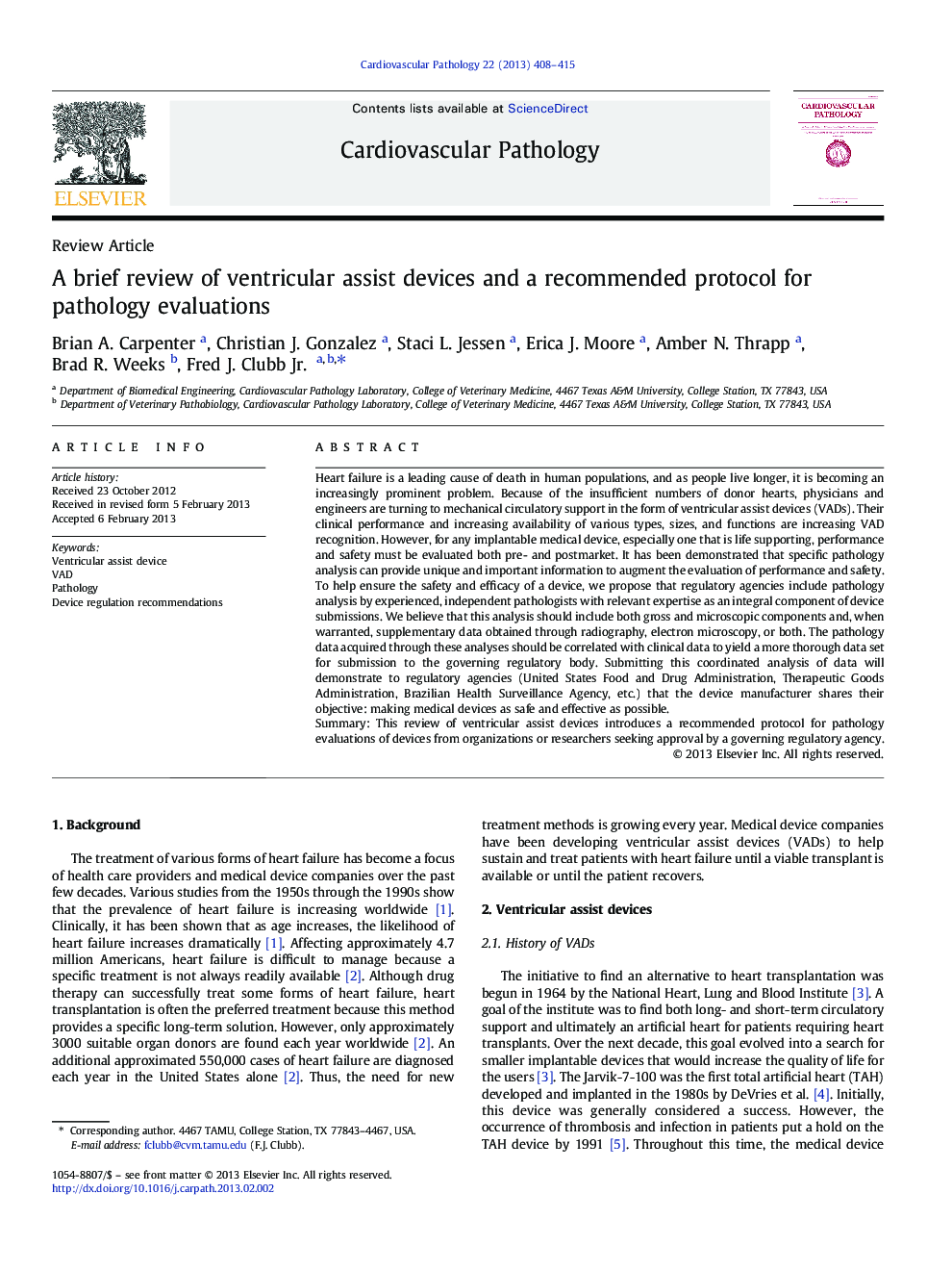 A brief review of ventricular assist devices and a recommended protocol for pathology evaluations