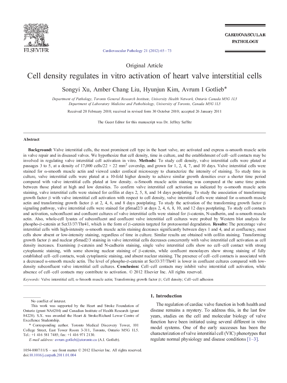 Cell density regulates in vitro activation of heart valve interstitial cells 