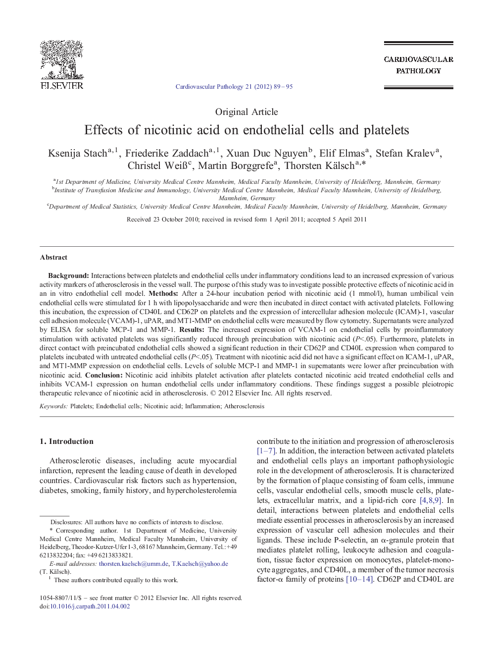 Effects of nicotinic acid on endothelial cells and platelets 