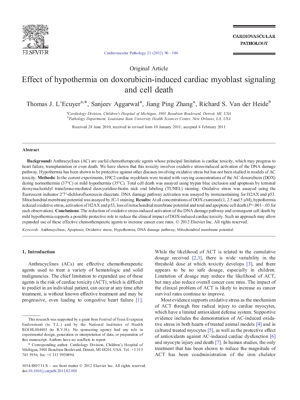 Effect of hypothermia on doxorubicin-induced cardiac myoblast signaling and cell death 