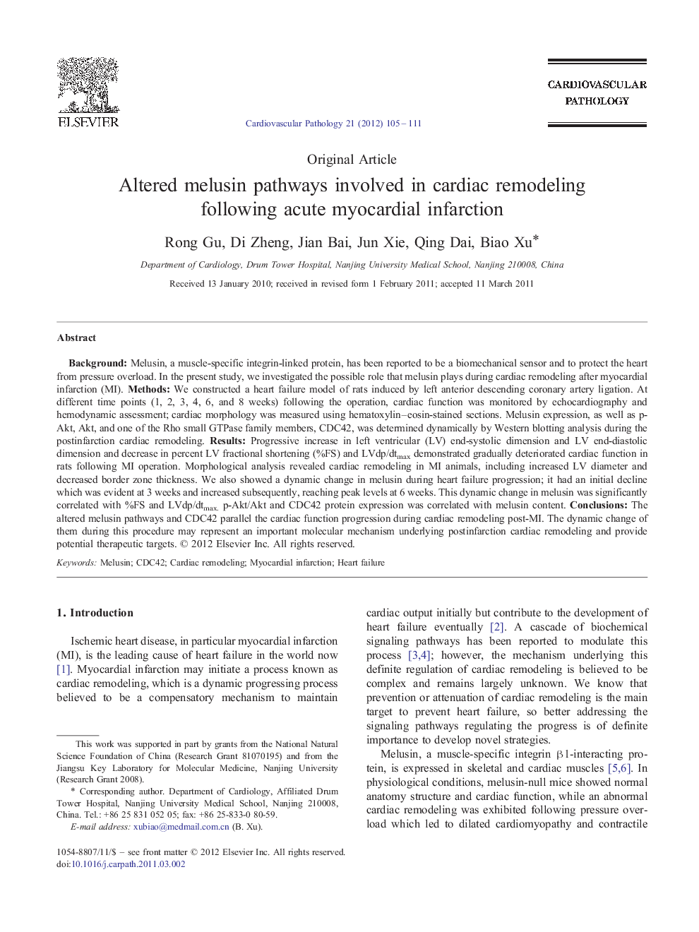 Altered melusin pathways involved in cardiac remodeling following acute myocardial infarction 