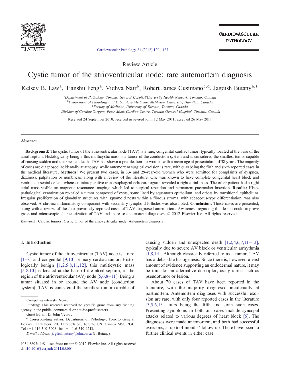 Cystic tumor of the atrioventricular node: rare antemortem diagnosis 