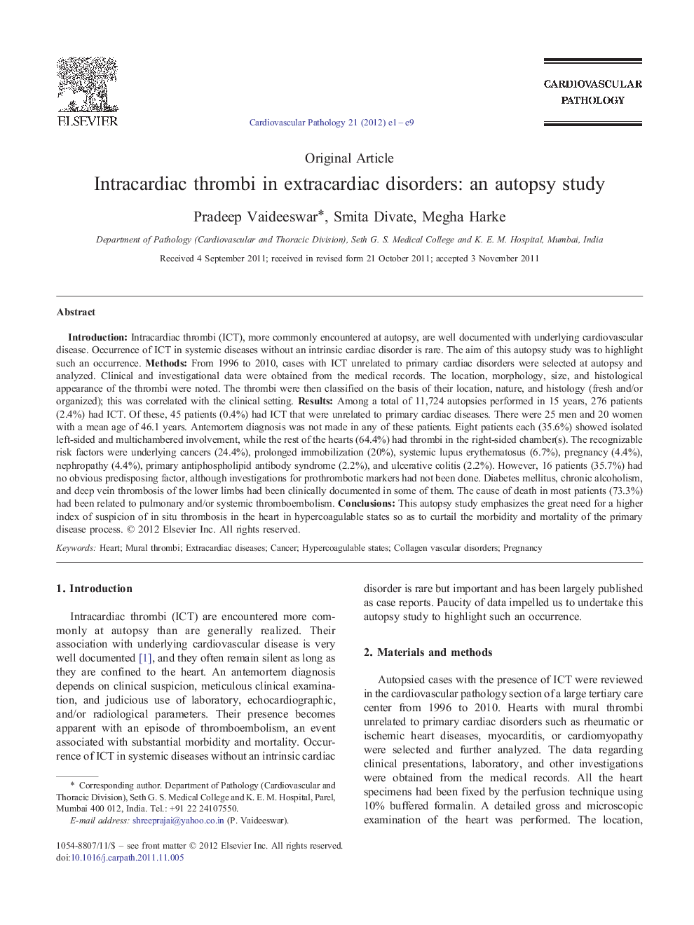 Intracardiac thrombi in extracardiac disorders: an autopsy study