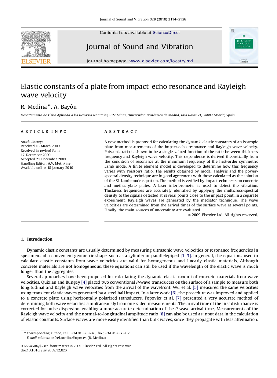 Elastic constants of a plate from impact-echo resonance and Rayleigh wave velocity