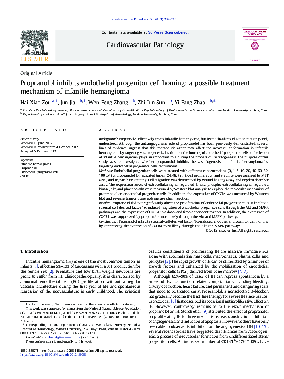 Propranolol inhibits endothelial progenitor cell homing: a possible treatment mechanism of infantile hemangioma 