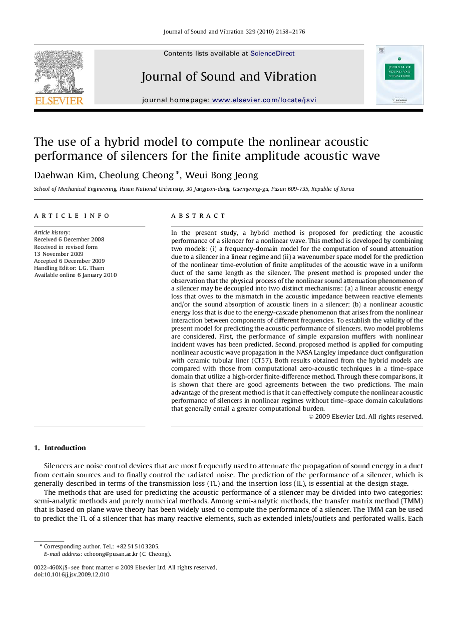 عکس صفحه اول مقاله: The use of a hybrid model to compute the nonlinear acoustic performance of silencers for the finite amplitude acoustic wave The use of a hybrid model to compute the nonlinear acoustic performance of silencers for the finite amplitude acoustic wave