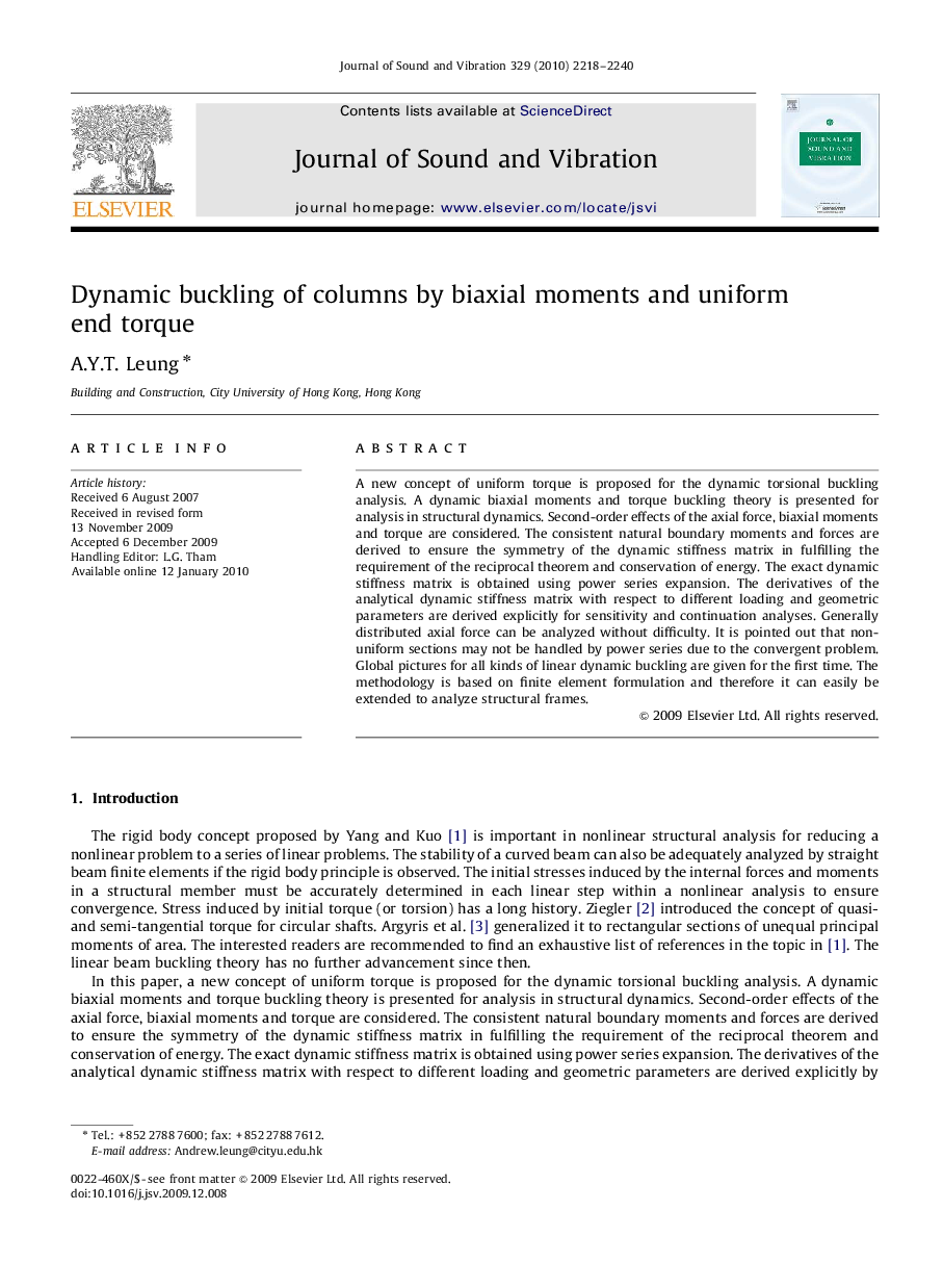 عکس صفحه اول مقاله: Dynamic buckling of columns by biaxial moments and uniform end torque Dynamic buckling of columns by biaxial moments and uniform end torque