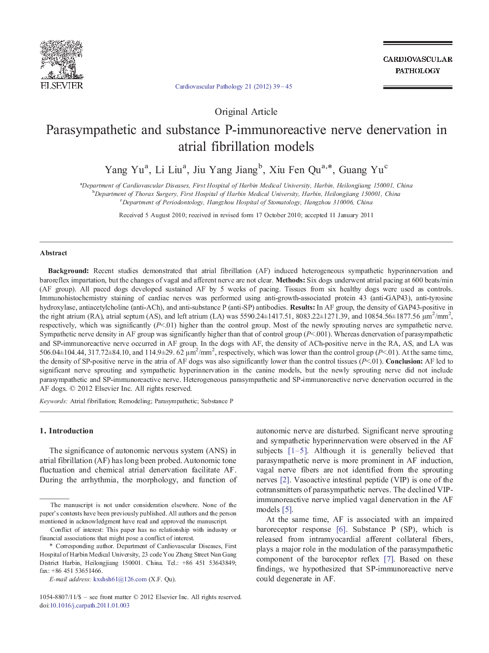 Parasympathetic and substance P-immunoreactive nerve denervation in atrial fibrillation models 