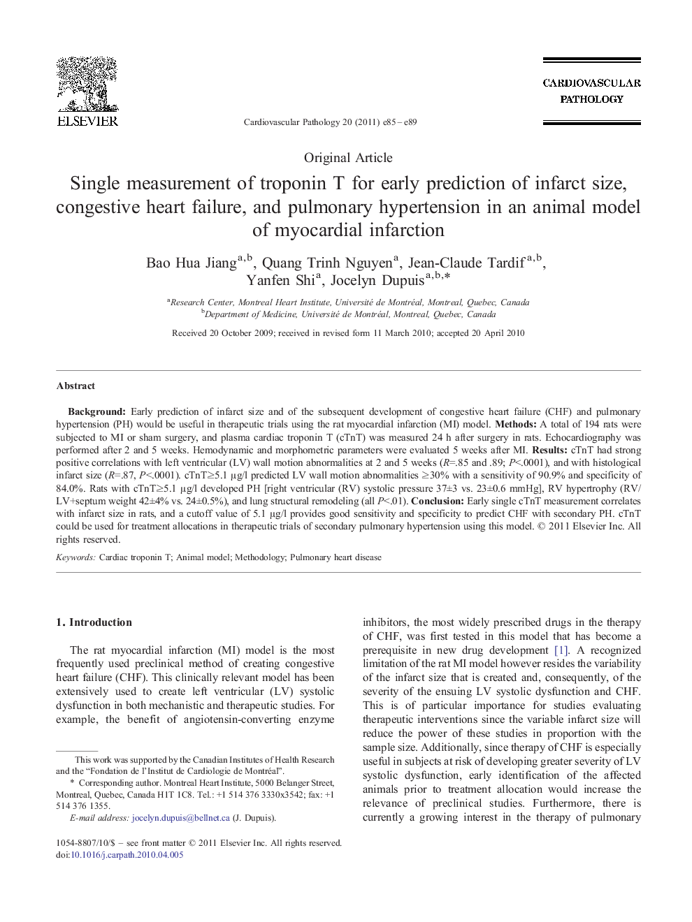 Single measurement of troponin T for early prediction of infarct size, congestive heart failure, and pulmonary hypertension in an animal model of myocardial infarction 