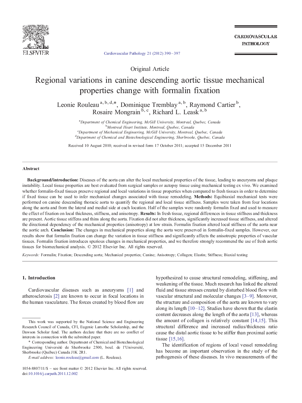 Regional variations in canine descending aortic tissue mechanical properties change with formalin fixation 