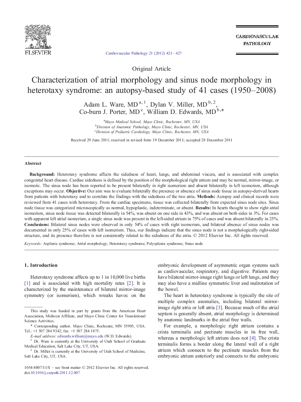 Characterization of atrial morphology and sinus node morphology in heterotaxy syndrome: an autopsy-based study of 41 cases (1950–2008) 