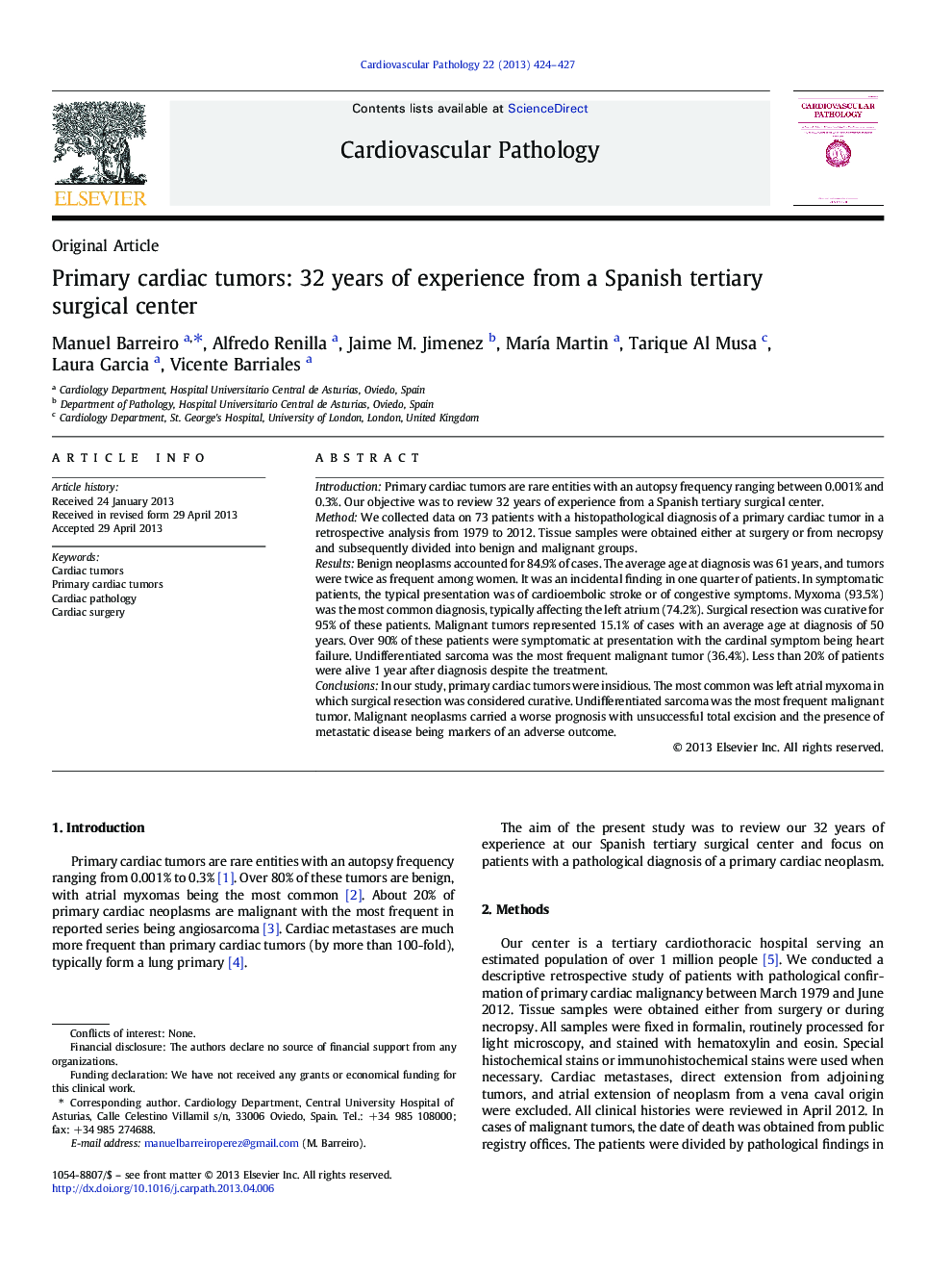 Primary cardiac tumors: 32 years of experience from a Spanish tertiary surgical center 