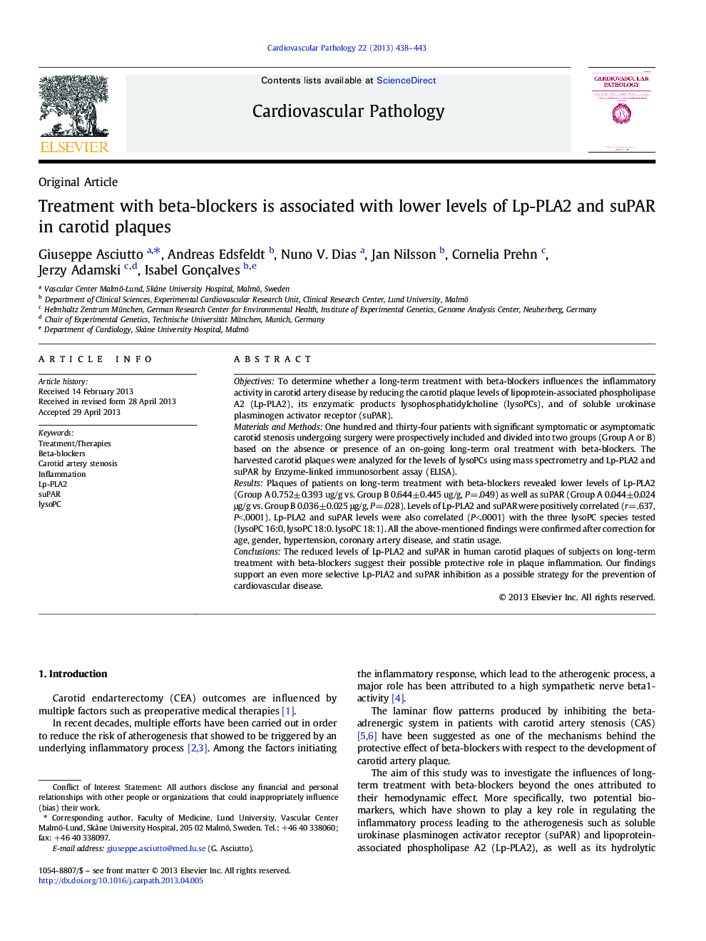 Treatment with beta-blockers is associated with lower levels of Lp-PLA2 and suPAR in carotid plaques 