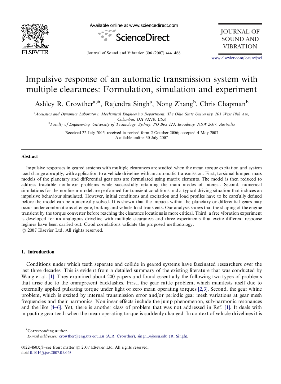 Impulsive response of an automatic transmission system with multiple clearances: Formulation, simulation and experiment