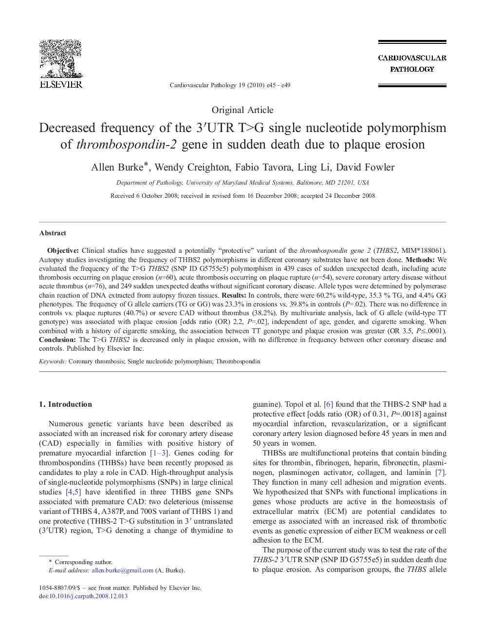 Decreased frequency of the 3′UTR T>G single nucleotide polymorphism of thrombospondin-2 gene in sudden death due to plaque erosion