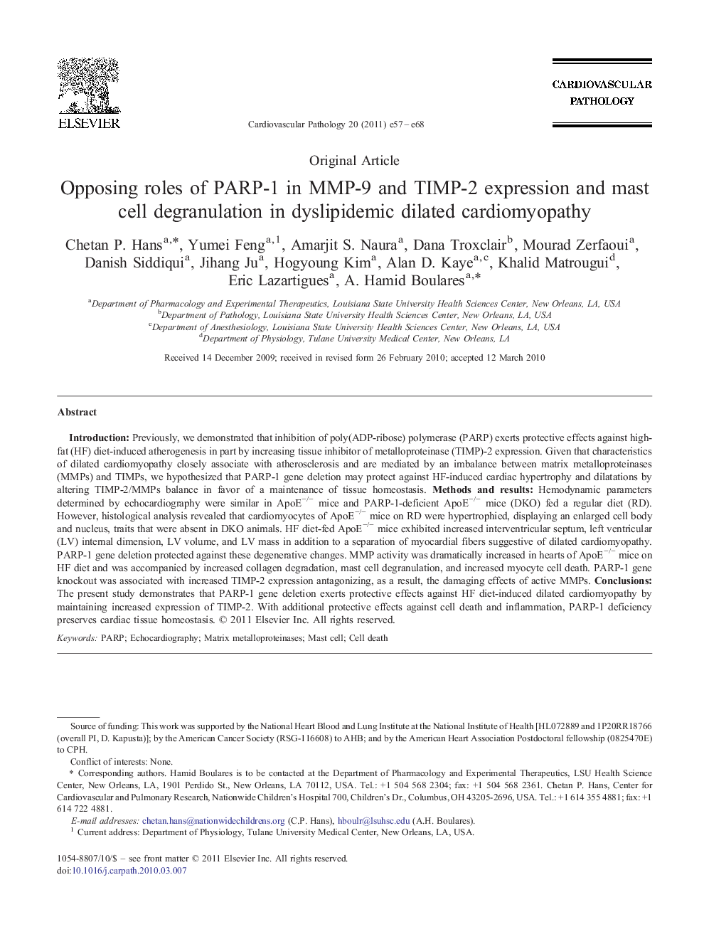 Opposing roles of PARP-1 in MMP-9 and TIMP-2 expression and mast cell degranulation in dyslipidemic dilated cardiomyopathy 