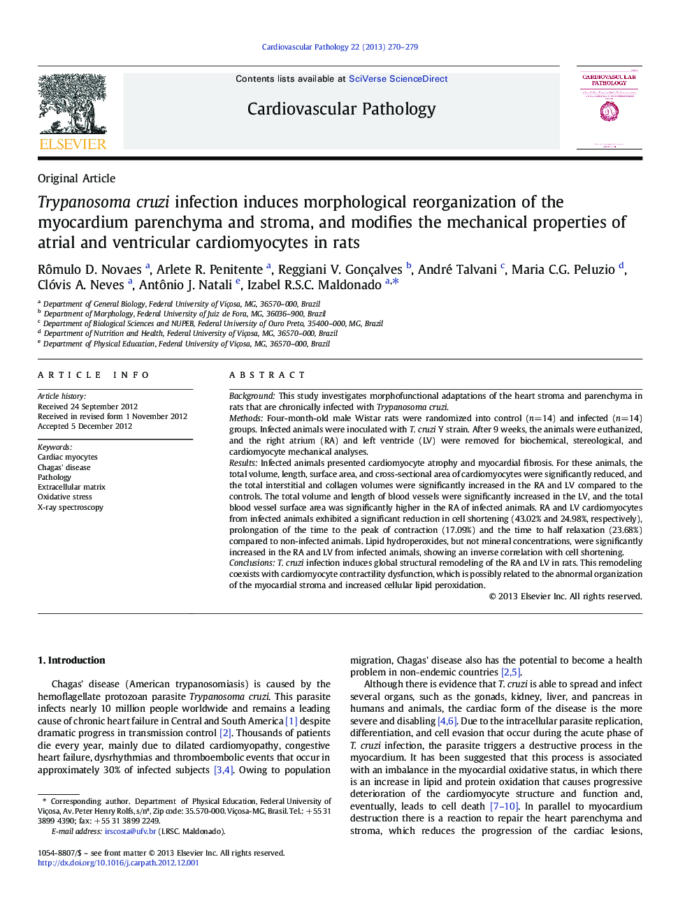 Trypanosoma cruzi infection induces morphological reorganization of the myocardium parenchyma and stroma, and modifies the mechanical properties of atrial and ventricular cardiomyocytes in rats