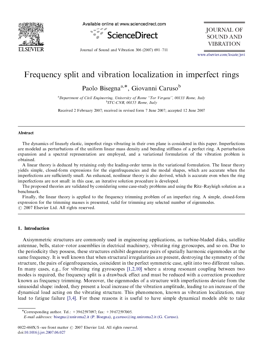 Frequency split and vibration localization in imperfect rings