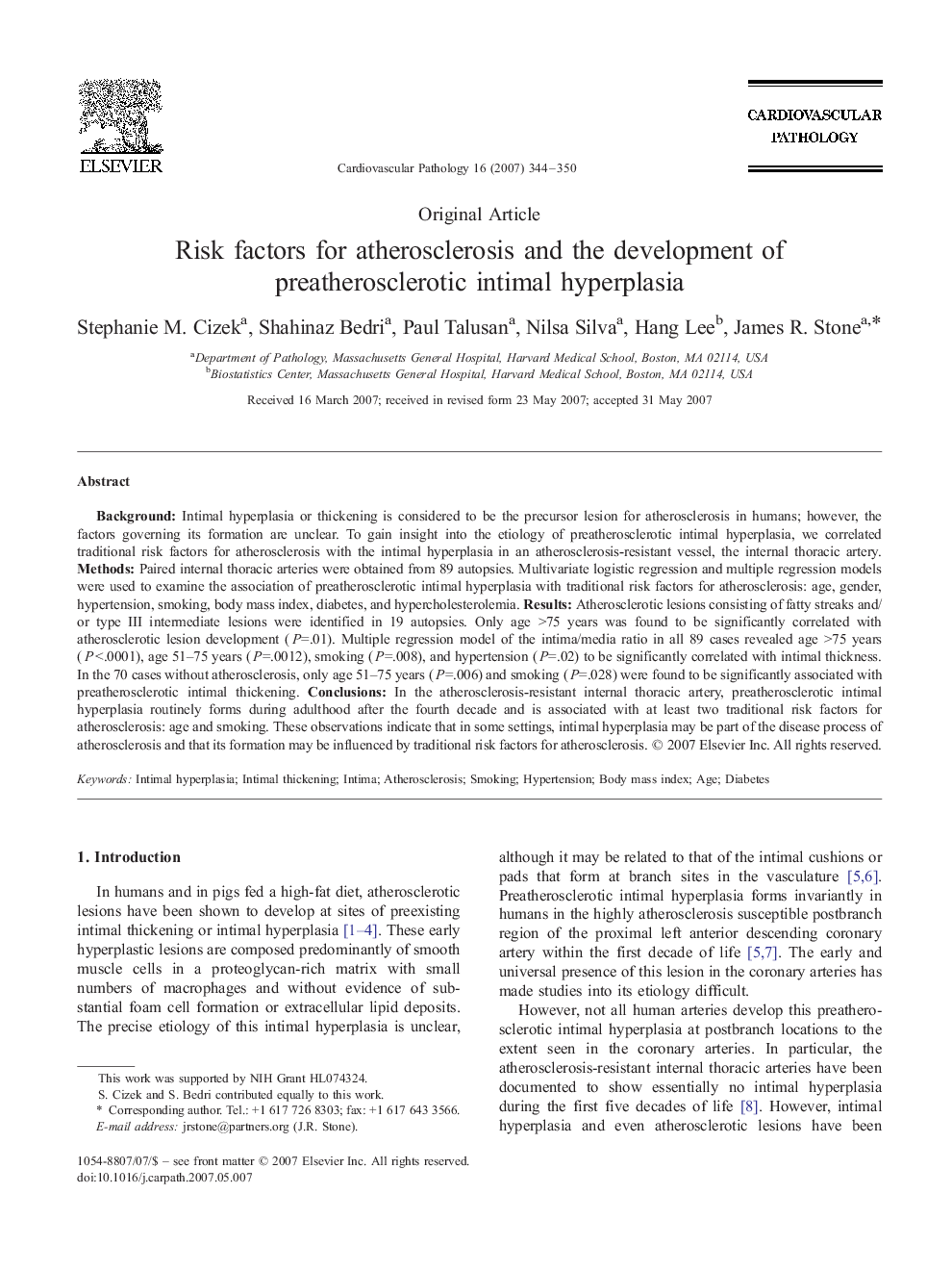 Risk factors for atherosclerosis and the development of preatherosclerotic intimal hyperplasia 