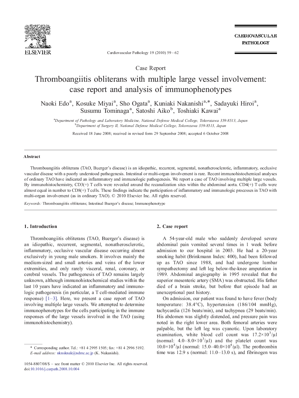 Thromboangiitis obliterans with multiple large vessel involvement: case report and analysis of immunophenotypes