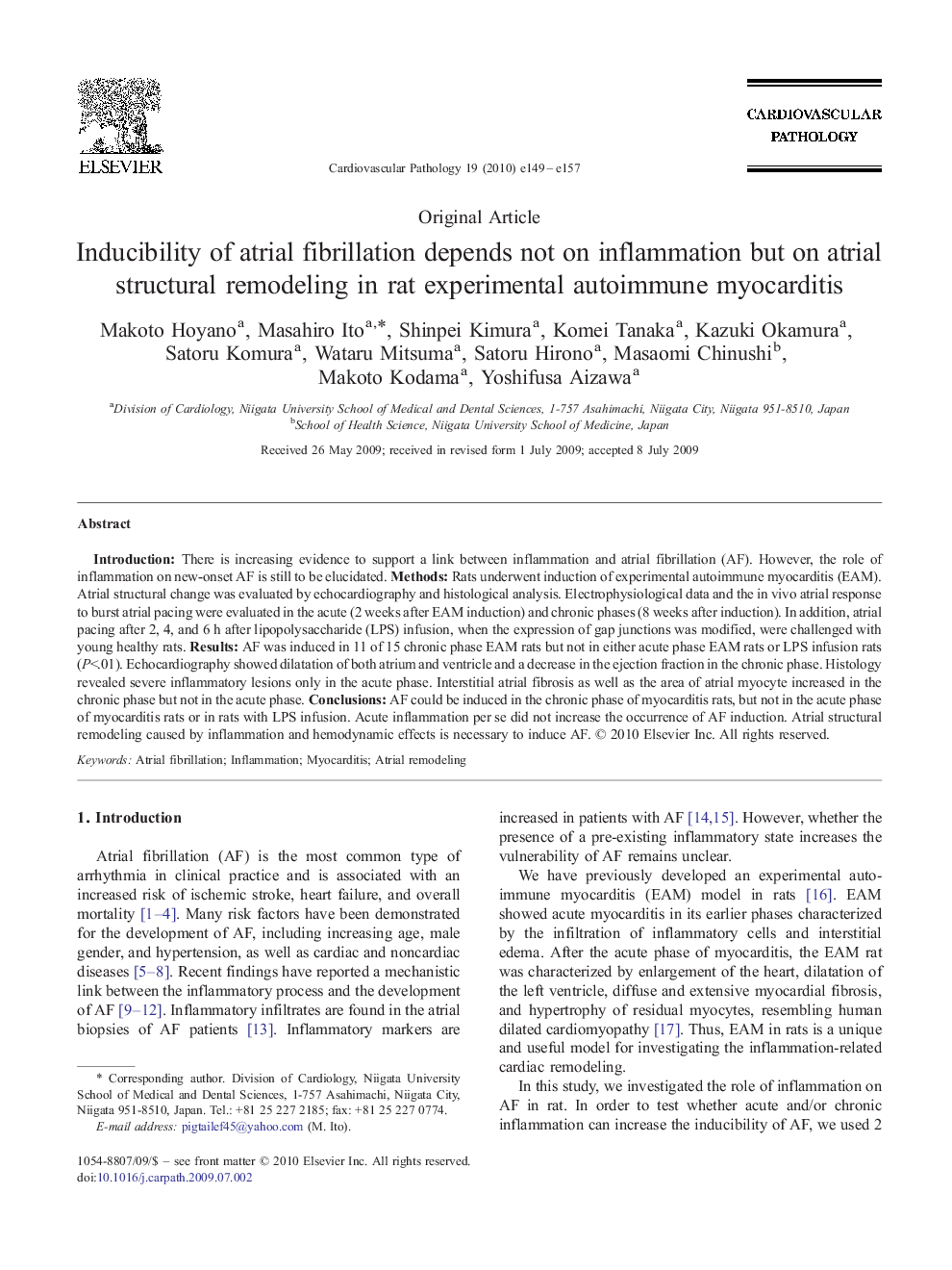 Inducibility of atrial fibrillation depends not on inflammation but on atrial structural remodeling in rat experimental autoimmune myocarditis