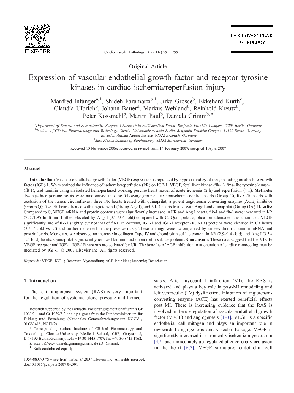 Expression of vascular endothelial growth factor and receptor tyrosine kinases in cardiac ischemia/reperfusion injury 