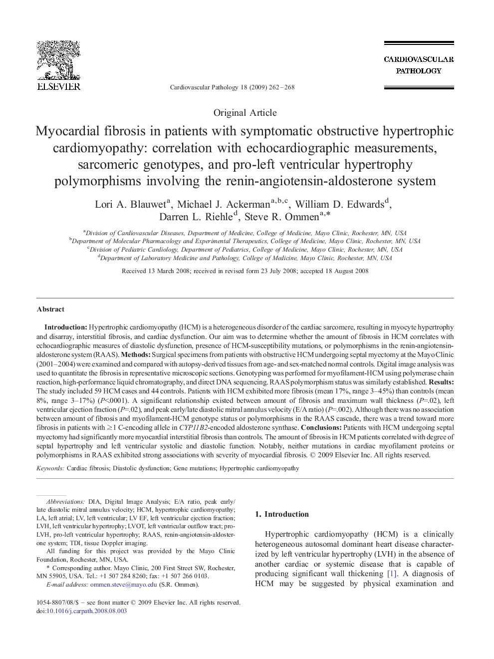 Myocardial fibrosis in patients with symptomatic obstructive hypertrophic cardiomyopathy: correlation with echocardiographic measurements, sarcomeric genotypes, and pro-left ventricular hypertrophy polymorphisms involving the renin-angiotensin-aldosterone