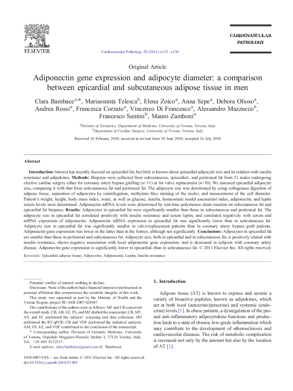 Adiponectin gene expression and adipocyte diameter: a comparison between epicardial and subcutaneous adipose tissue in men 