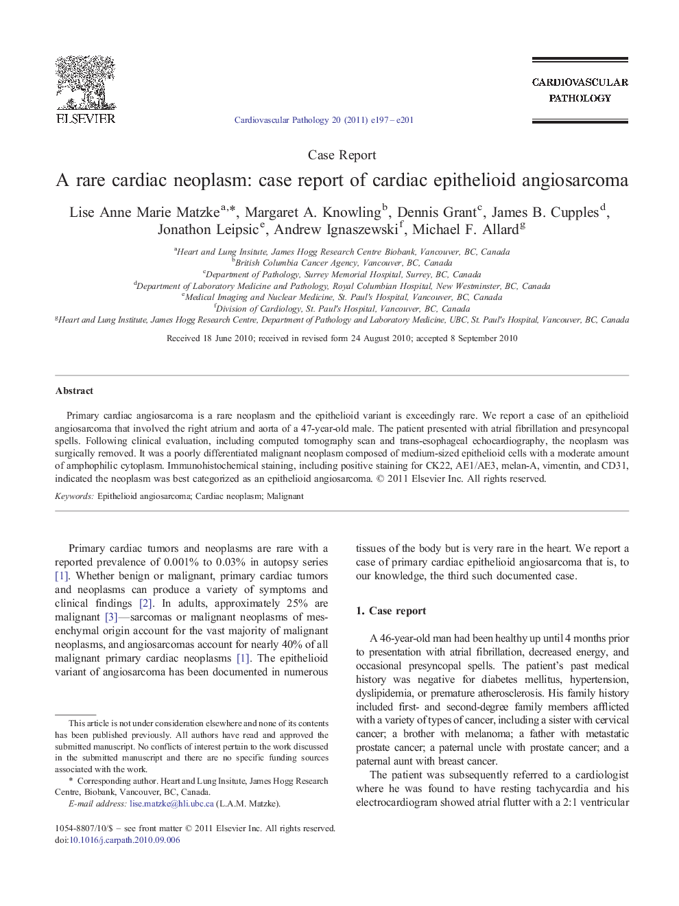 A rare cardiac neoplasm: case report of cardiac epithelioid angiosarcoma 