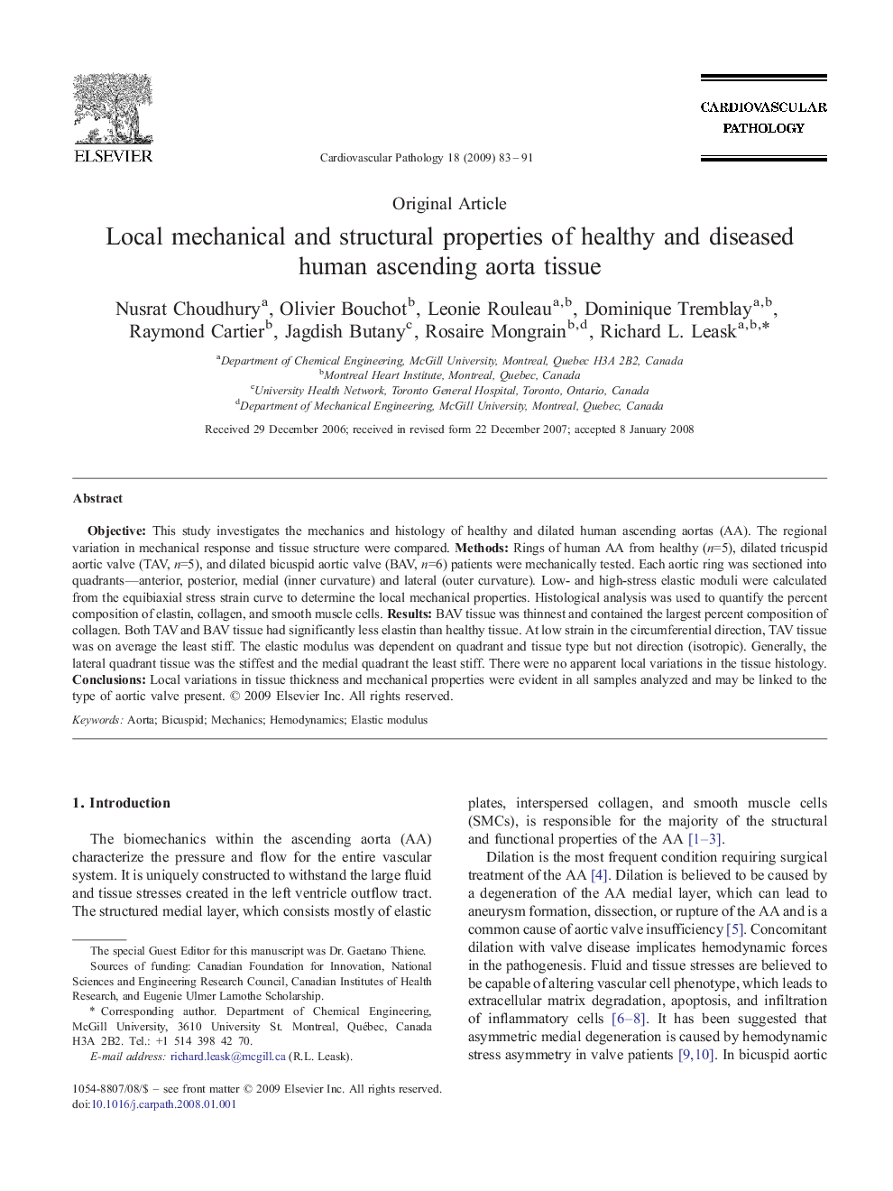 Local mechanical and structural properties of healthy and diseased human ascending aorta tissue 