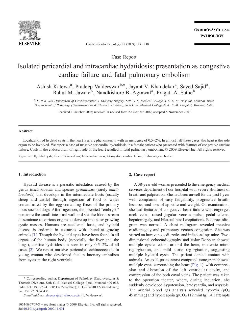 Isolated pericardial and intracardiac hydatidosis: presentation as congestive cardiac failure and fatal pulmonary embolism