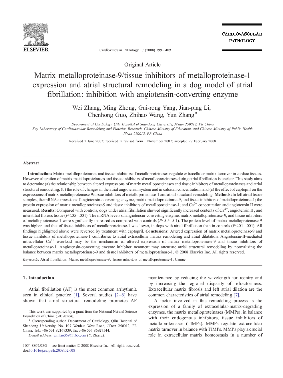 Matrix metalloproteinase-9/tissue inhibitors of metalloproteinase-1 expression and atrial structural remodeling in a dog model of atrial fibrillation: inhibition with angiotensin-converting enzyme 